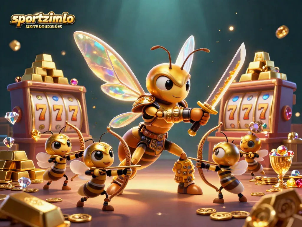 Experience thrilling casino excitement with sportzinobonuscodes, featuring a golden hornet samurai in a vibrant jackpot scene.