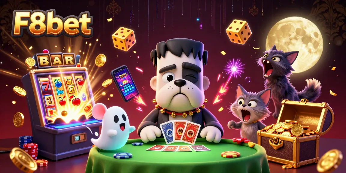 Join the thrill at F8bet with a vibrant casino scene, featuring games and energetic characters.