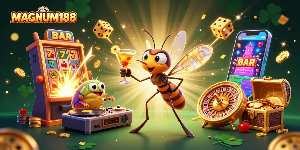 Engage with MAGNUM188's thrilling casino world featuring vibrant game elements and lively characters.