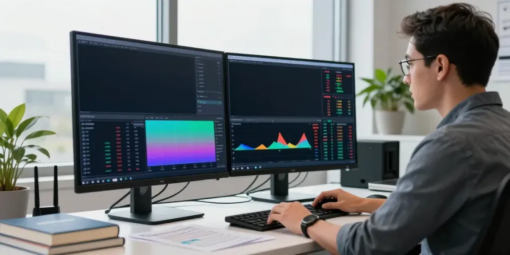 Trader using TradingView charts in a modern office environment for market analysis.