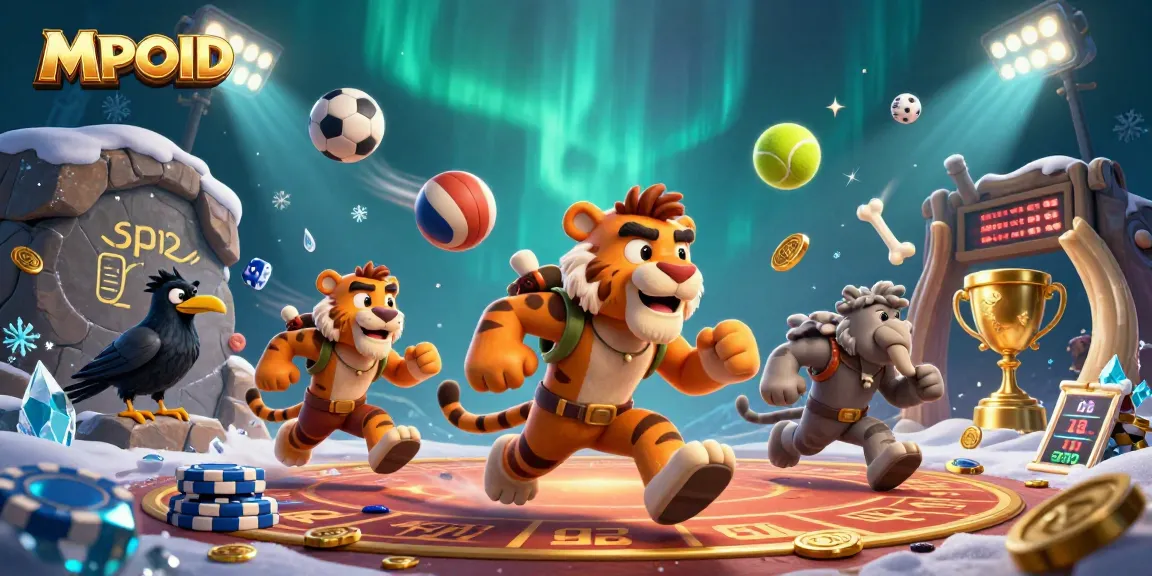 Experience the thrill with MPOID: a vibrant casino scene featuring cartoon characters and dynamic sports elements.