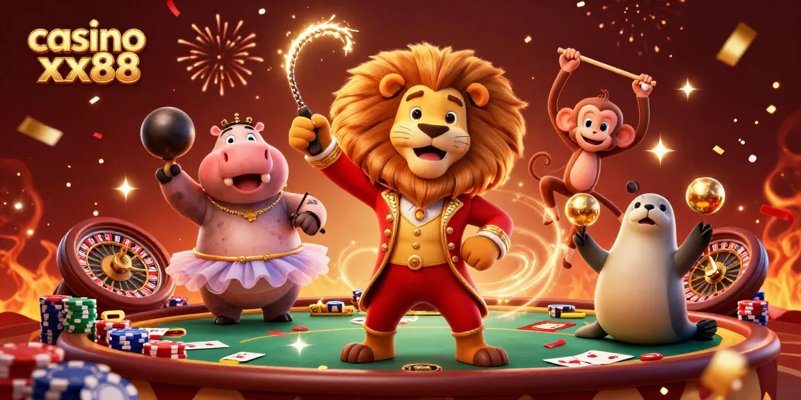 Experience thrilling gameplay at casino xx88 with dynamic 3D illustration of festive characters and gambling elements.