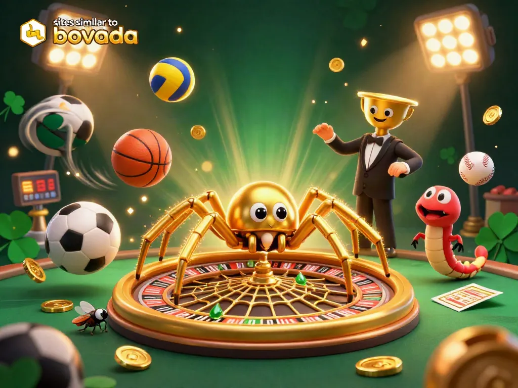 Bets placed on sites similar to Bovada with a thrilling roulette wheel and sports elements surrounding cartoon characters.