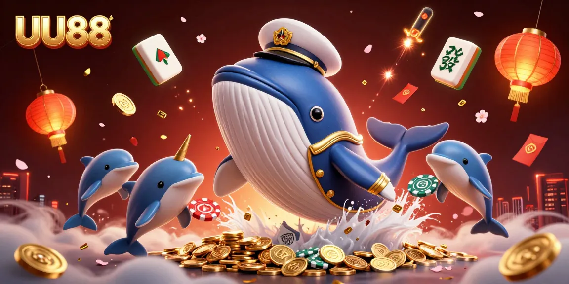 Experience UU88's vibrant casino scene with a captivating whale and dynamic dolphins amidst golden coins.
