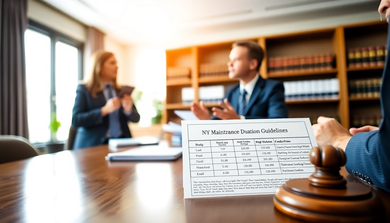 Engaging discussion on NY maintenance duration guidelines table between a lawyer and clients.