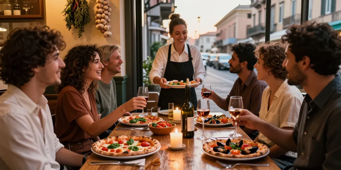 Gathering at a Naples restaurant, friends savoring lavowin-inspired dishes in a warm, inviting atmosphere.