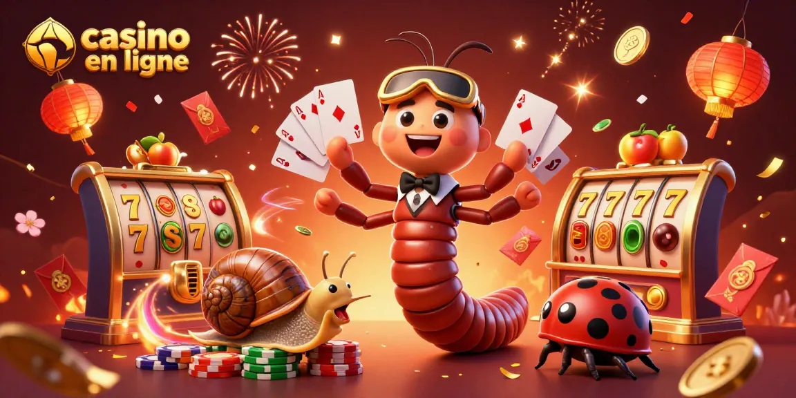 Plongez dans l'univers fascinant du casino en ligne avec un mille-pattes croupier et des jetons luxueux.