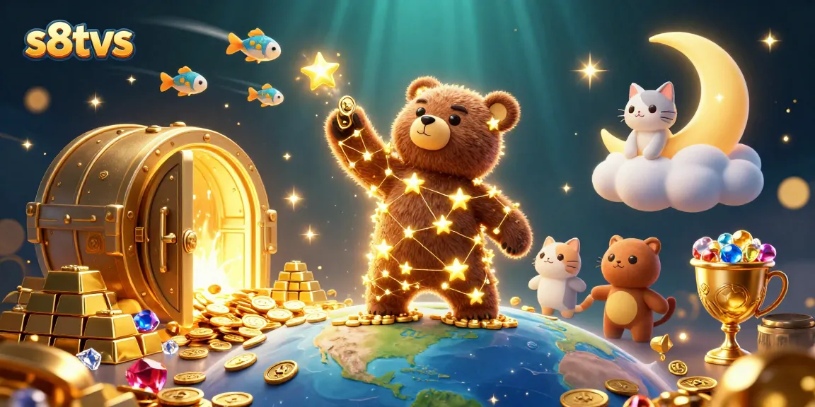 S8TV's constellation bear collects coins in a vibrant 3D casino scene filled with treasures.
