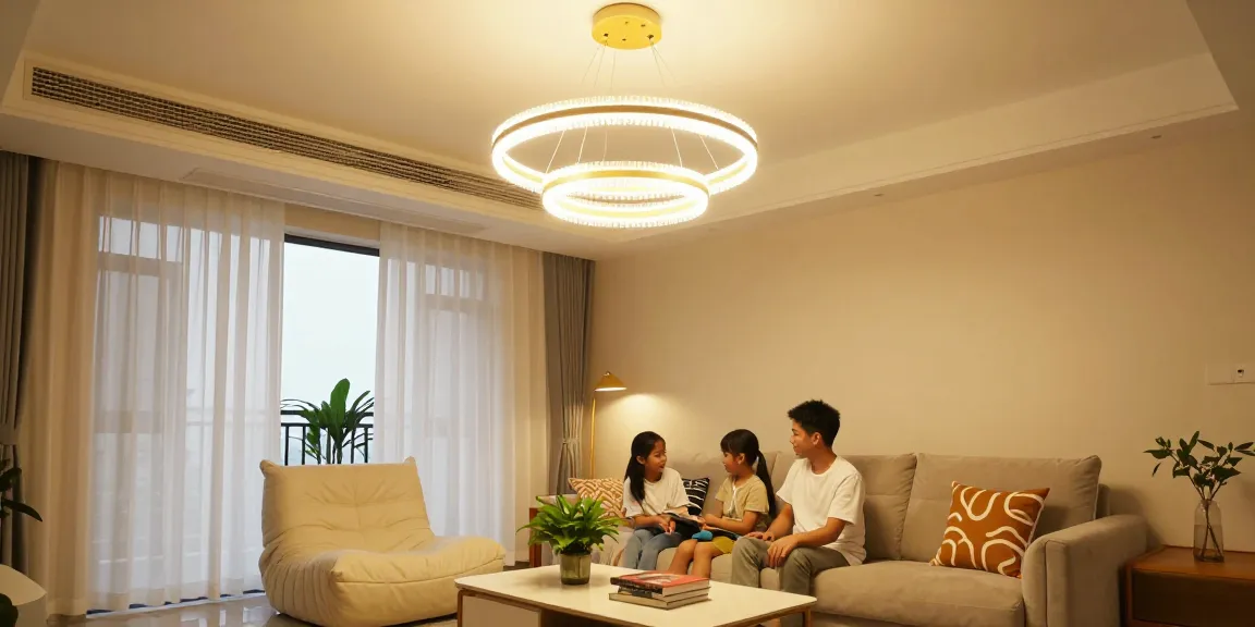 Lustra LED suspendată în living modern, oferind o iluminare elegantă și atmosfera caldă pentru familie.