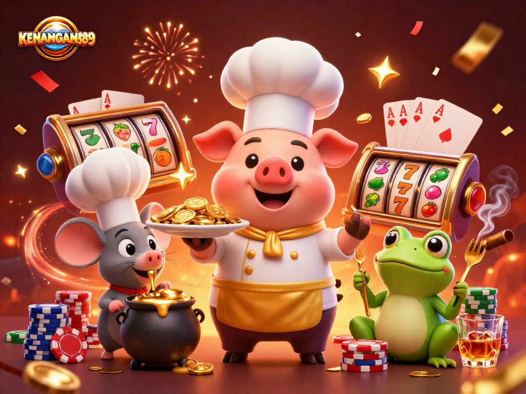 Experience KENANGAN889 with vibrant coins and characters in a dynamic online casino scene.