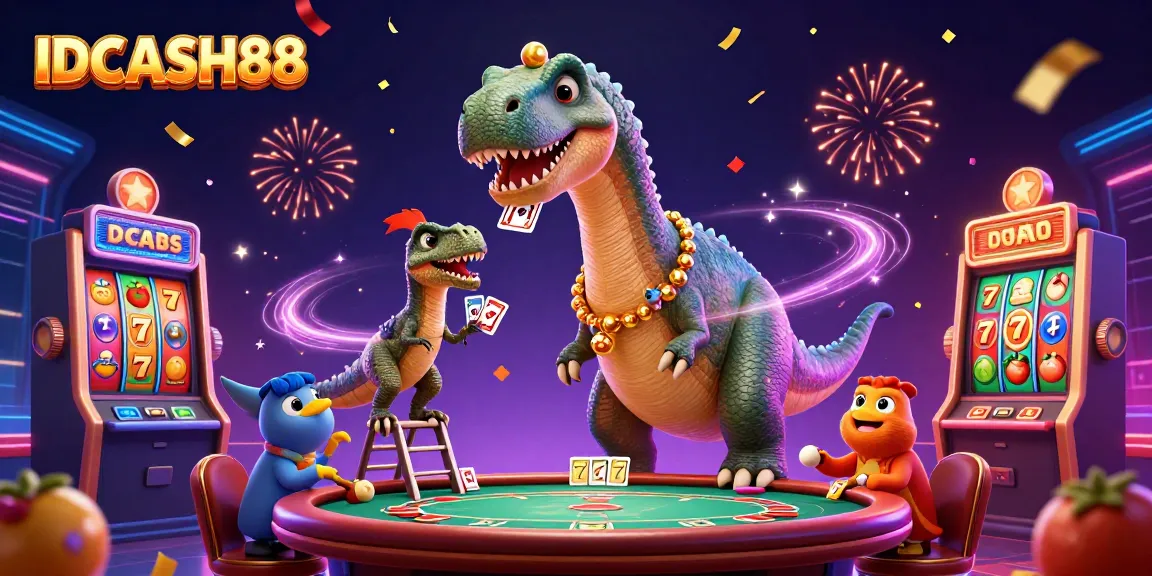 IDCASH88 slot gaming illustration with brontosaurus, raptor dealer, and vibrant casino elements.