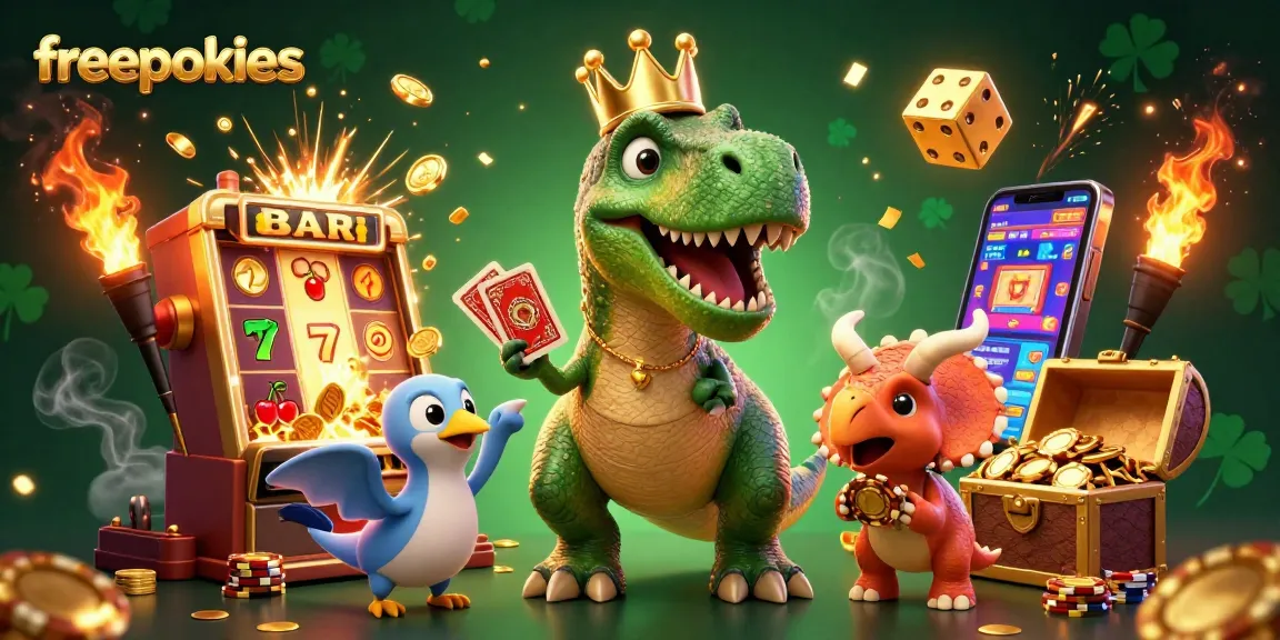 Play freepokies with an exciting 3D cartoon scene featuring a friendly T-Rex and charming characters.