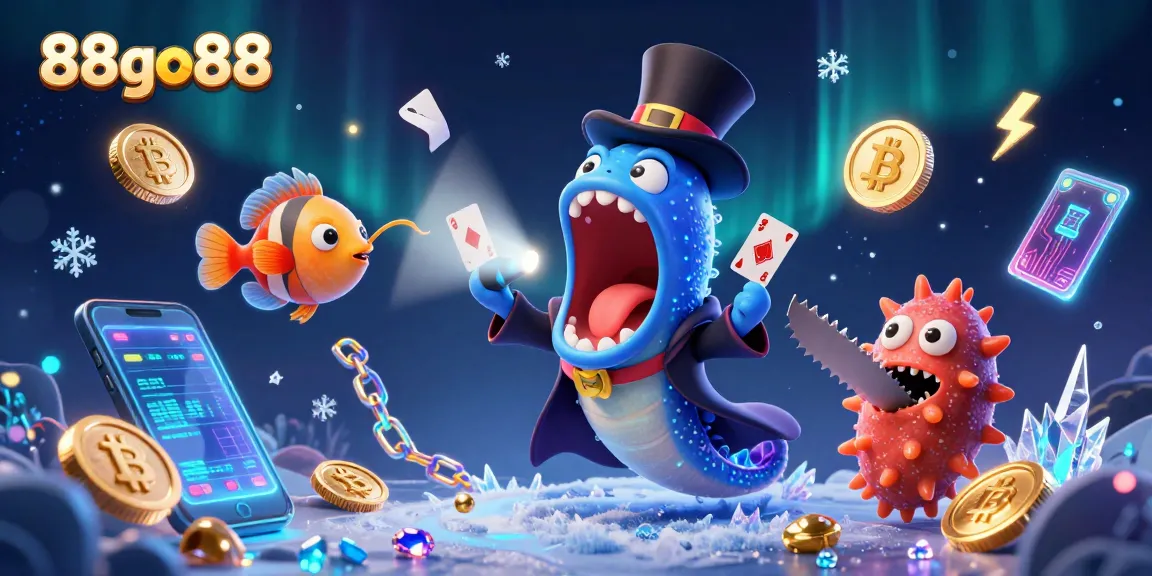 Engage with 88go88's vibrant casino magic featuring an eel performing tricks amidst crypto elements.