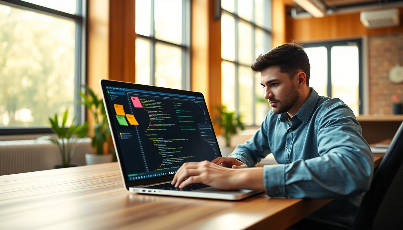 Hire Shopify developer coding in a bright, modern office with creative elements.
