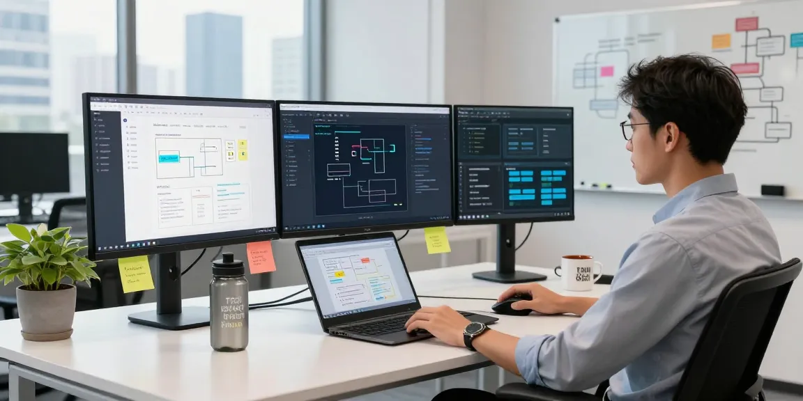 Build internal tools with AI in a vibrant software development workspace featuring dual monitors, innovative tools, and collaborative environment.