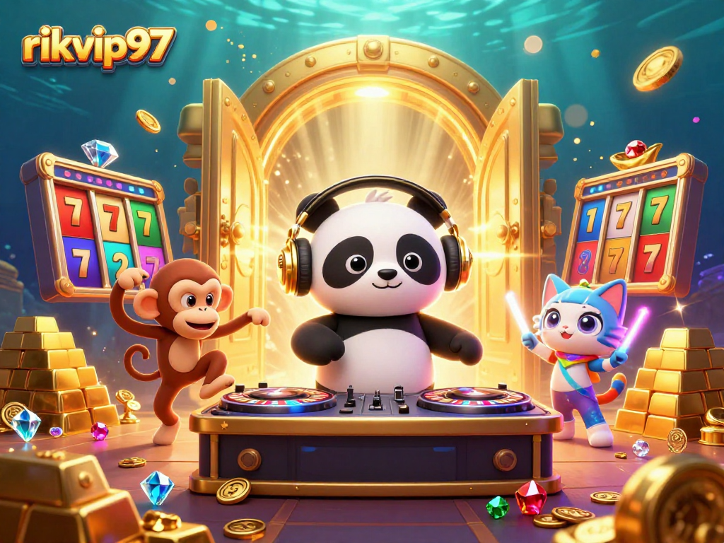 Experience the vibrant energy of rikvip97 with a 3D DJ panda, lively characters, and casino elements.