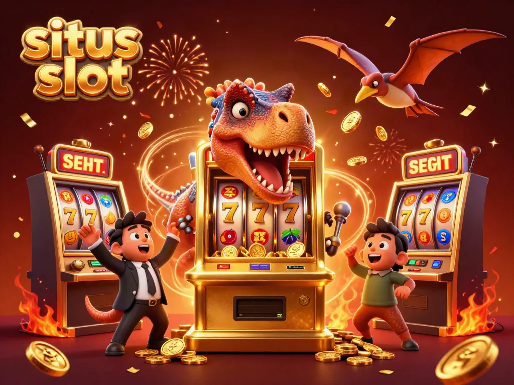 Gambaran situs slot yang menggambarkan pachycephalosaurus memukul mesin slot untuk jackpot emas.