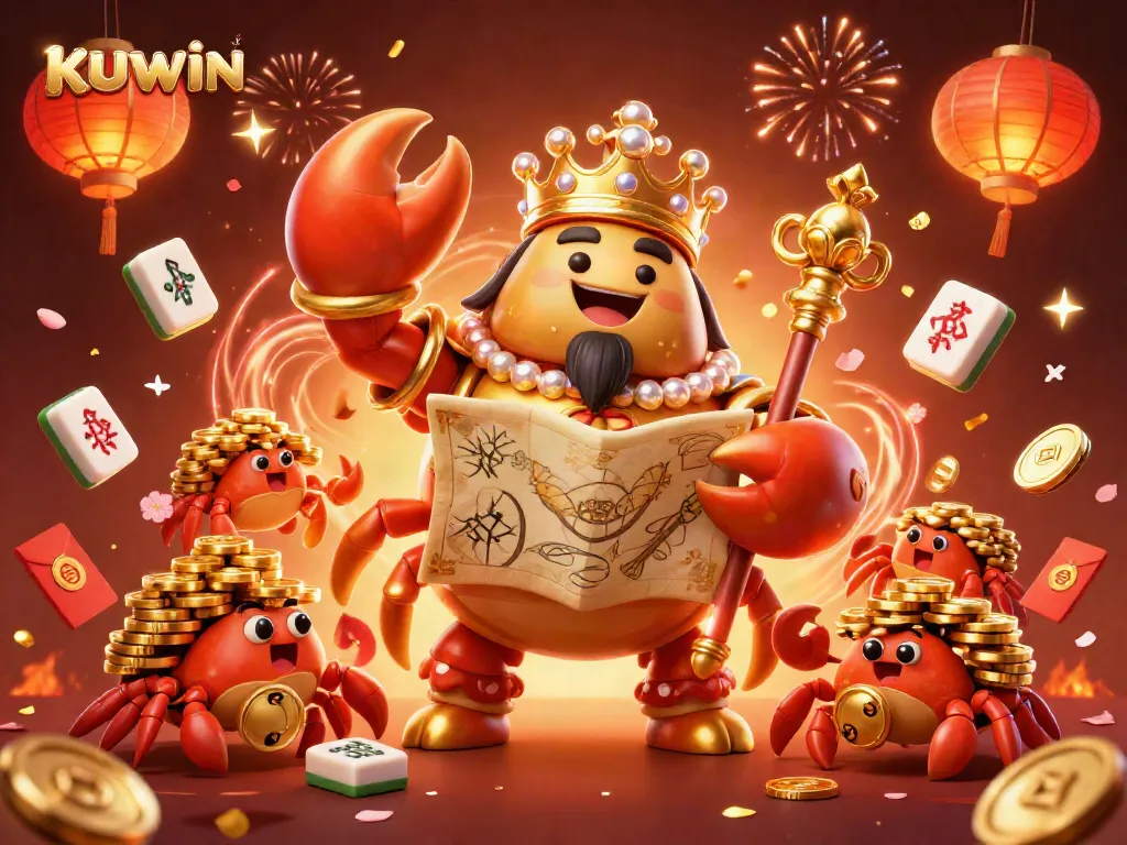 KUWIN's vibrant online gambling realm features a golden crab emperor and festive game elements.