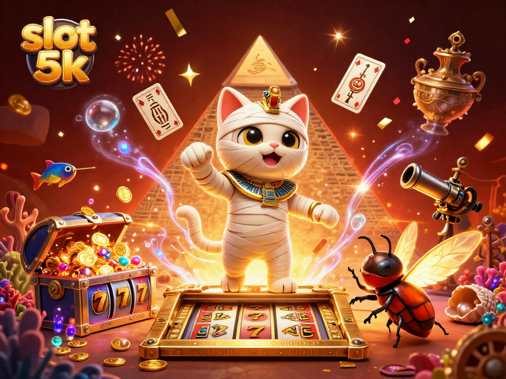Engage in excitement with slot 5k as the Egyptian mummy cat bursts from a sarcophagus in a vibrant casino setting.
