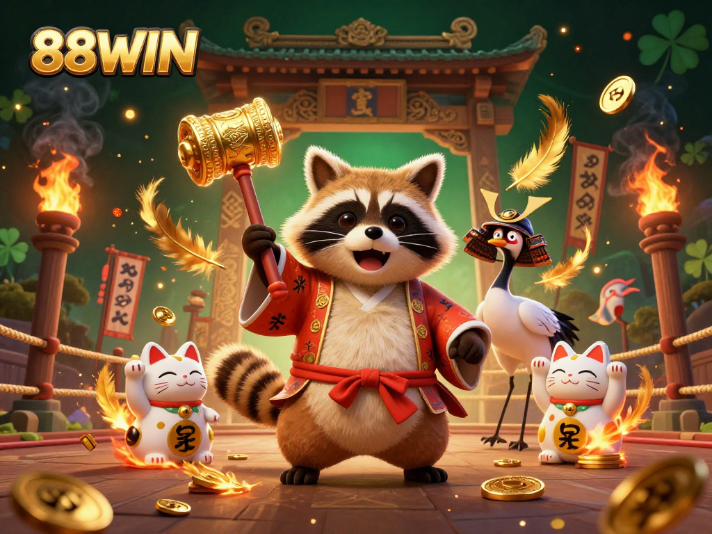 Experience the thrill of 88WIN as cheerful tanuki and maneki-neko celebrate fortune in a vibrant online casino scene.