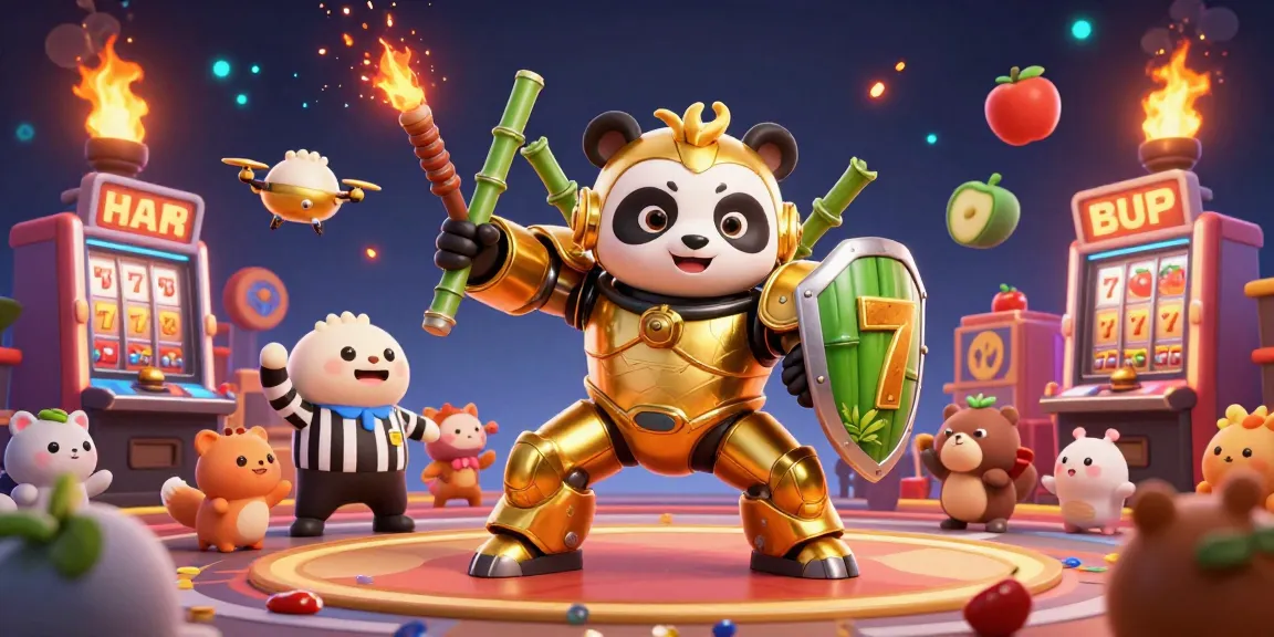 Spin reels at situs slot gacor featuring a golden panda in a mech suit, surrounded by lively casino elements.