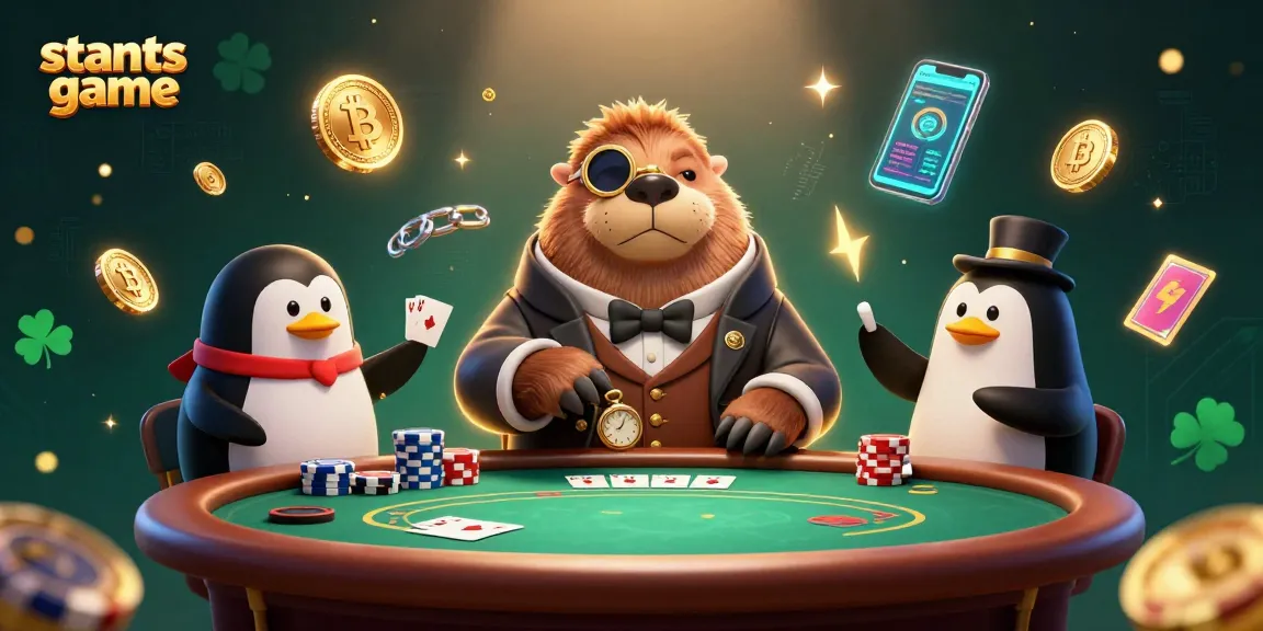 Experience the thrilling stunts game with a jolly walrus playing poker amidst vibrant crypto elements.