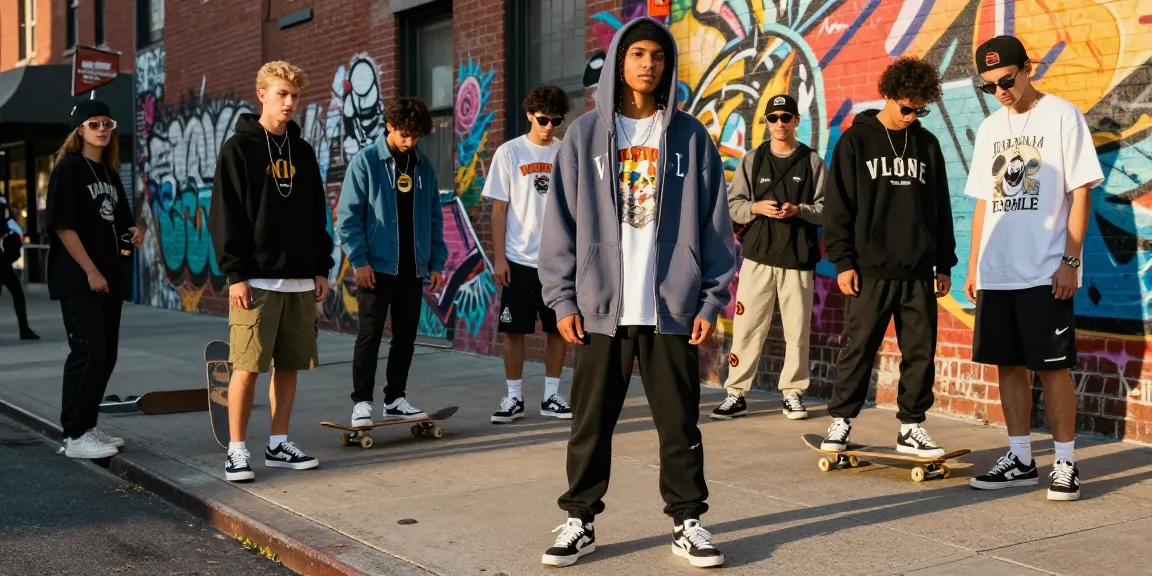 Stylish individual wearing a vlone hoodie in an urban street fashion scene