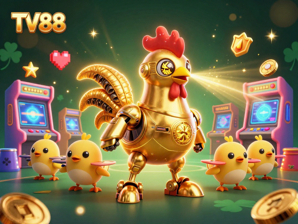 Engage in thrilling casino excitement with TV88's golden rooster robot and arcade game allure.
