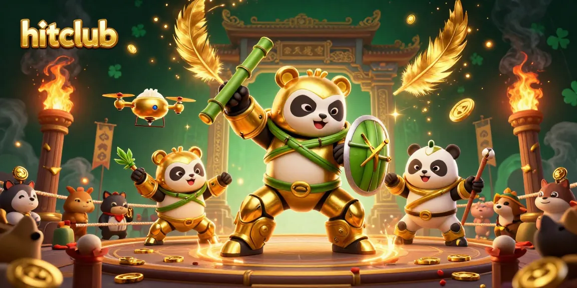 Experience thrilling game action at hitclub, featuring a mech-suit panda, golden tokens, and cheering fans.
