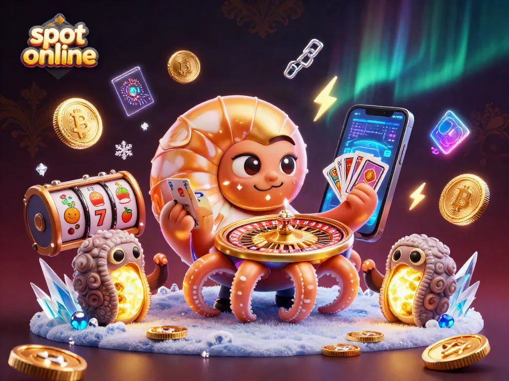 Play slot online with an ancient nautilus character showcasing cards and crypto elements in a vibrant casino scene.