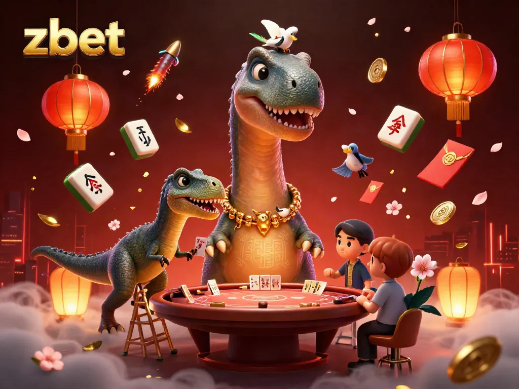 Experience zbet with vibrant casino elements in a 3D dynamic illustration featuring a cartoon brontosaurus and clever raptor.