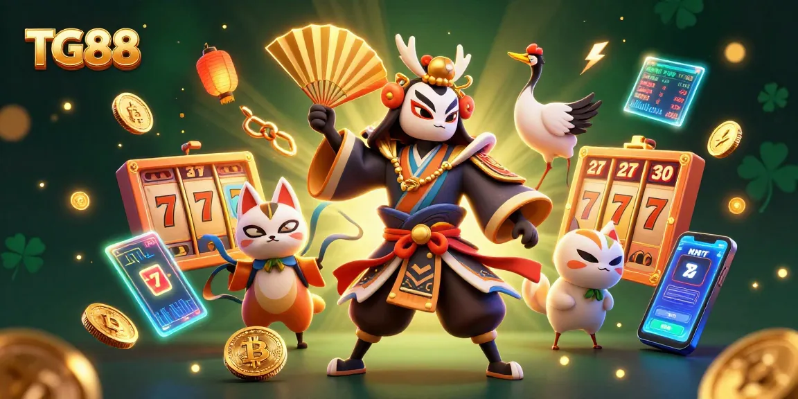 Engage with TG88's vibrant online casino experience featuring a kabuki warrior and crypto elements.