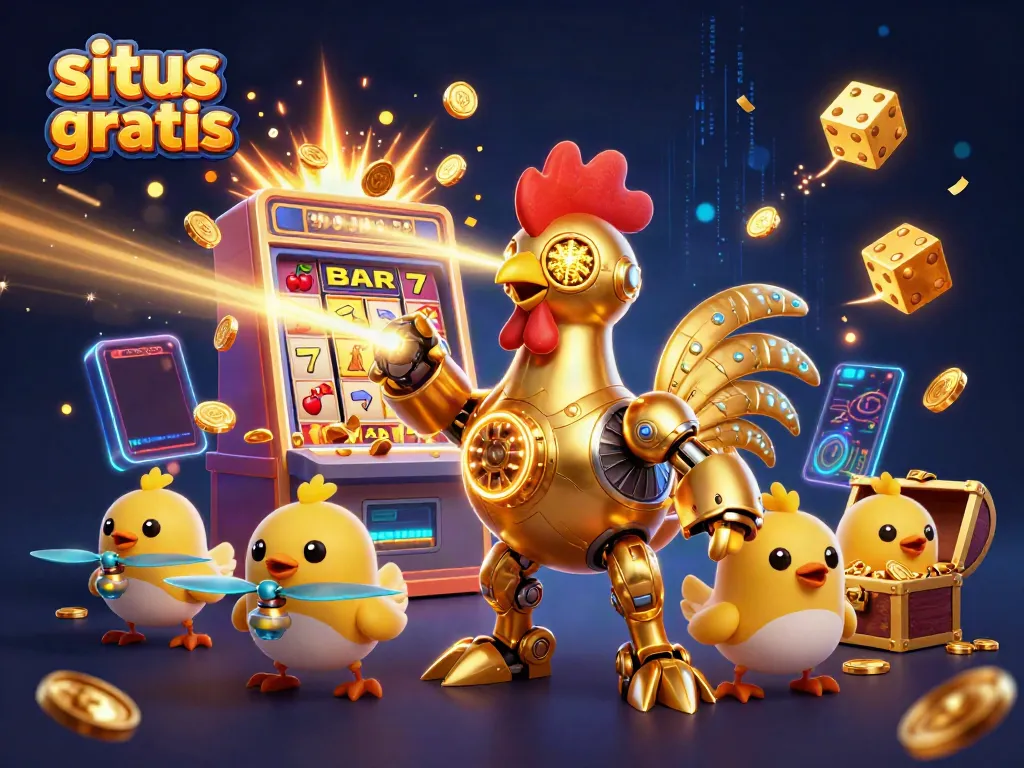 Play engaging games on situs slot gratis featuring vibrant 3D illustrations of a golden rooster robot and baby chick drones.