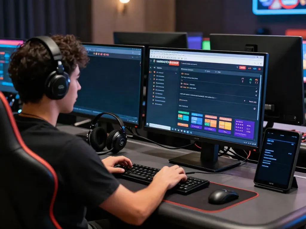 Engaged player exploring harga toto on HARGATOTO gaming platform with dual monitors.