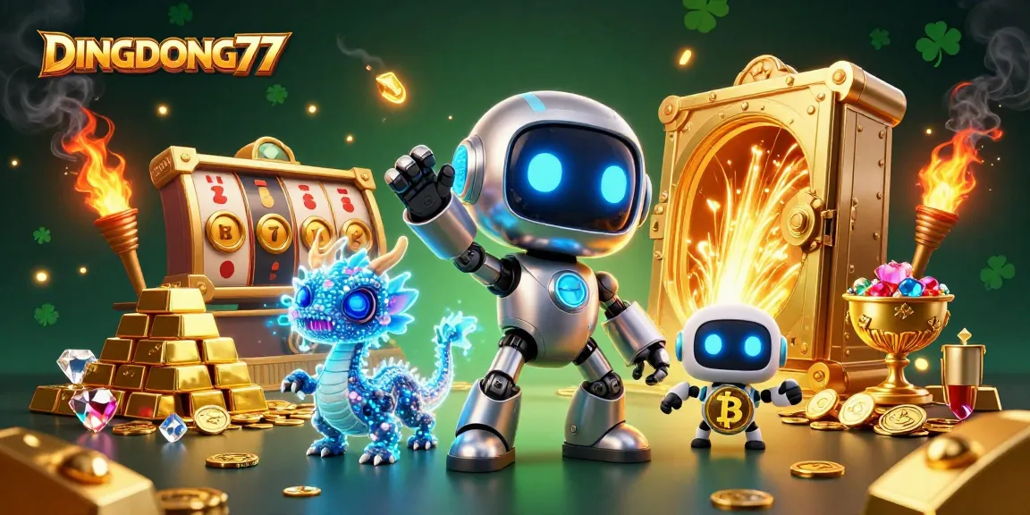DINGDONG77 invites players to engage with vibrant slots surrounded by treasures and futuristic characters.