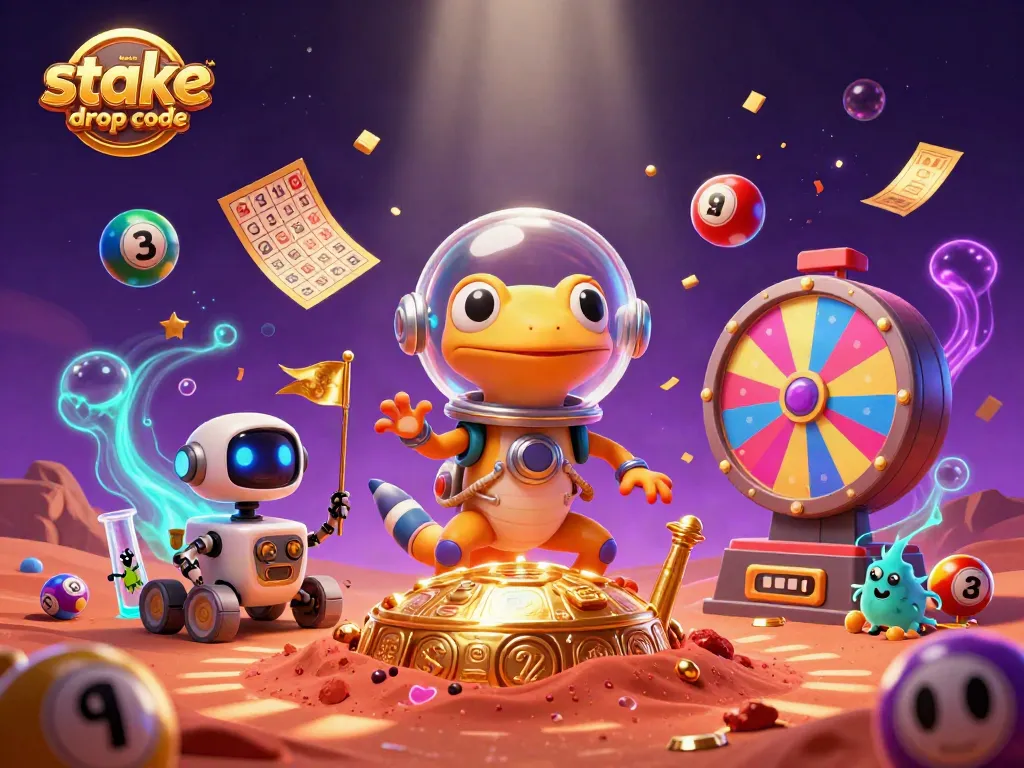 Claim bonuses with stake.us bonus drop code in this vibrant 3D casino adventure illustration.