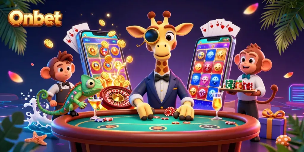 Experience the excitement of Onbet with a giraffe, monkey, and chameleon in a vibrant casino scene.