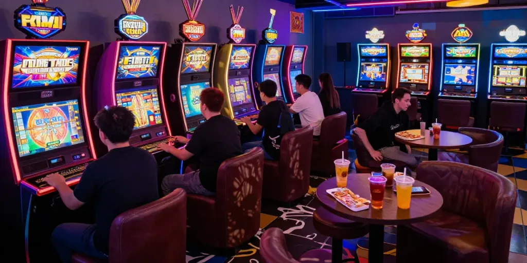 Players enjoying the thrill of situs gacor in a lively gaming lounge.