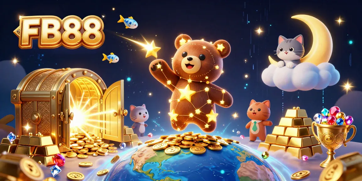 Experience the thrill of winning at FB88 with our vibrant casino scene featuring gold treasures and playful characters.