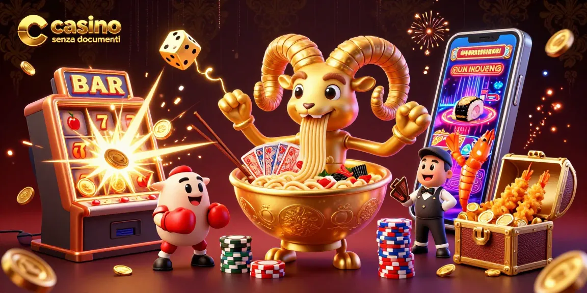 Gioca nei casino senza documenti con un'illustrazione vivace di un ramen gigante e simboli di fortuna.