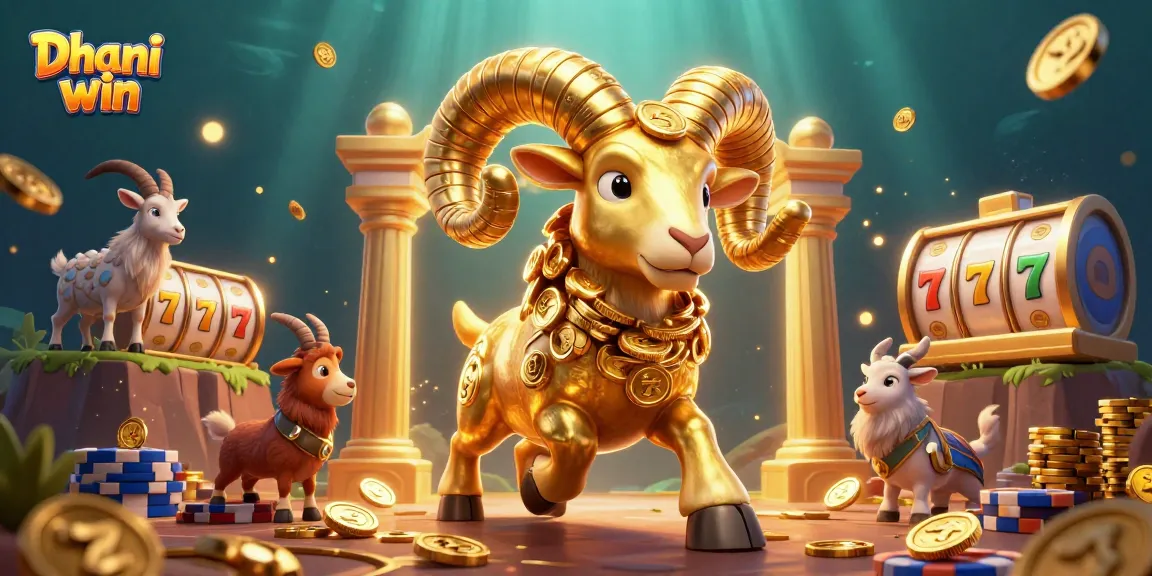 Dhani win showcases an exciting slot game scene with golden ram and casino elements
