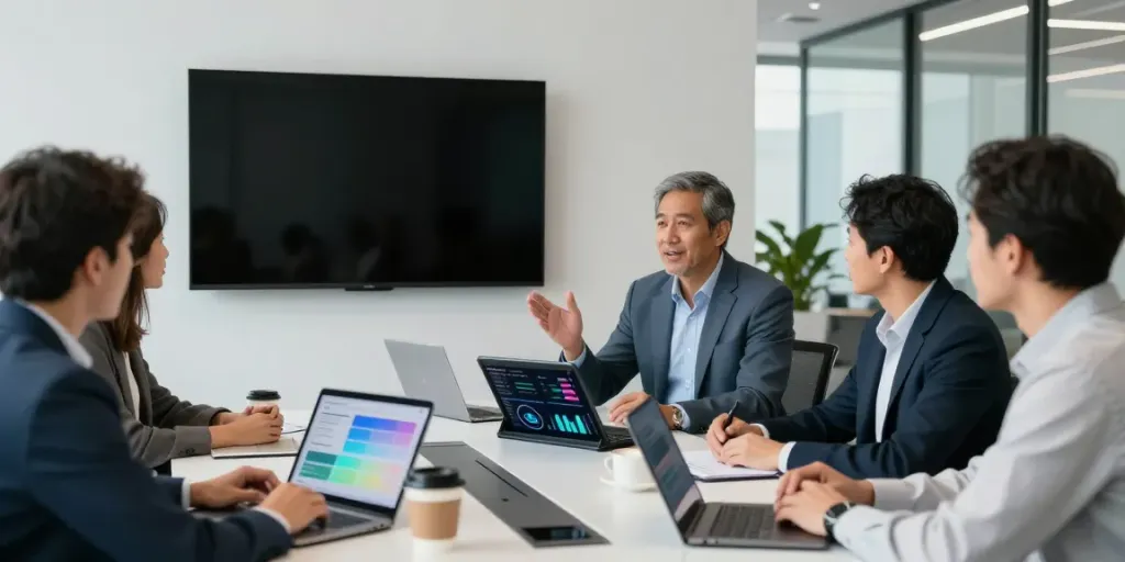 Michael Rustom leading a technology consulting meeting, showcasing innovative solutions for clients in a modern office.