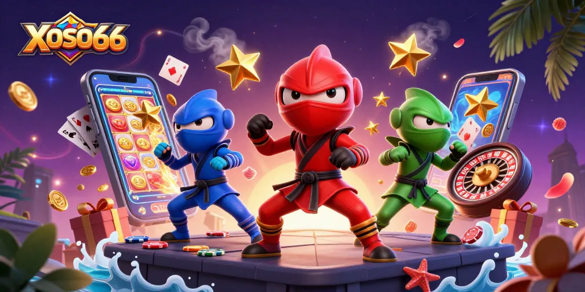 XOSO66 showcases a vibrant 3D illustration of ninja chameleons celebrating wins with colorful slot games and gambling elements.