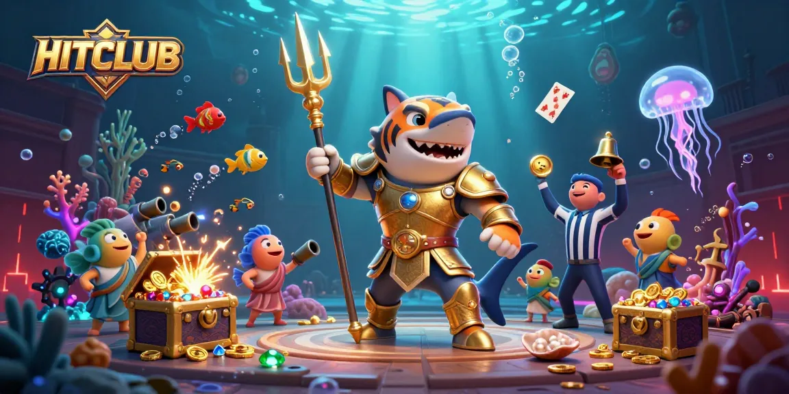 Experience thrilling underwater action with HITCLUB's tiger shark casino battle in this vibrant 3D illustration.