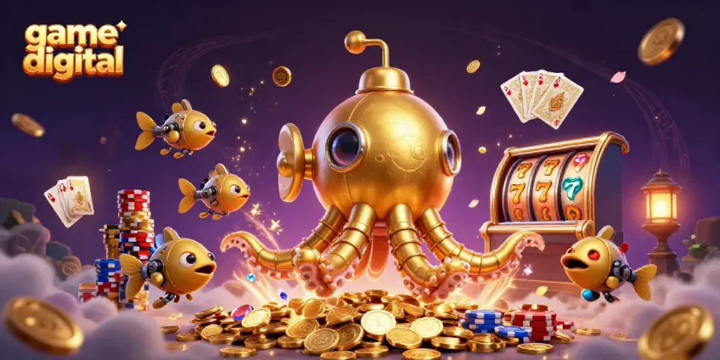 Immerse in the exhilarating world of game digital with a striking depiction of a golden kraken submarine amidst rich casino elements.