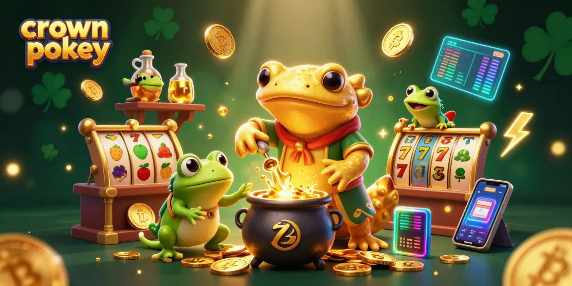 Crown pokies scene with golden salamander alchemist, frog apprentice, and slot machines.
