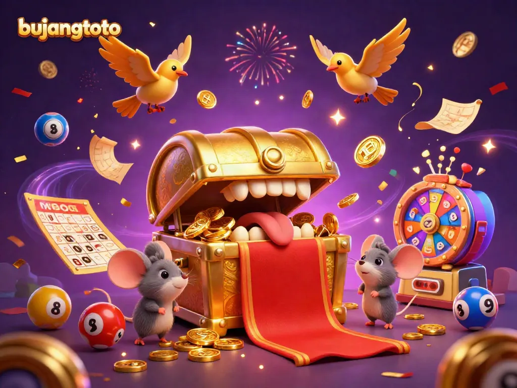 Engage with bujangtoto's exciting treasures and vibrant lottery elements in this animated casino scene.