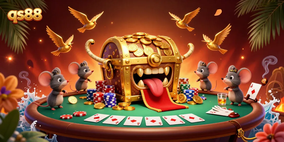 Experience big wins at qs88 with vibrant 3D casino elements packed in a treasure-themed illustration.
