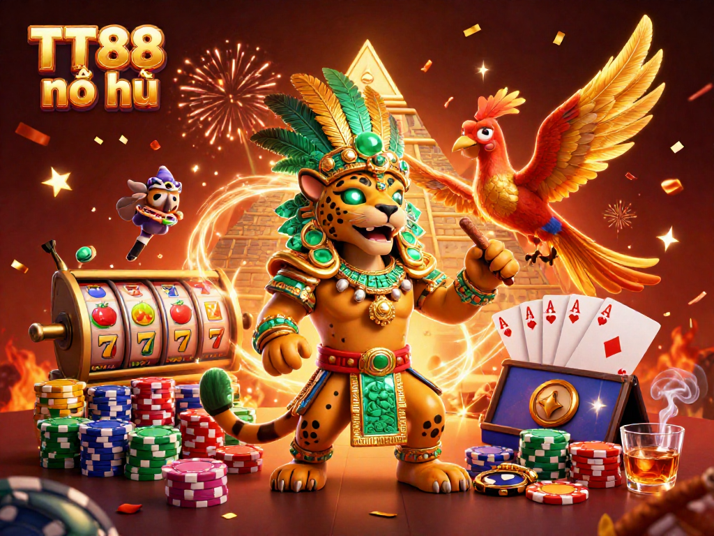 Spin the reels at TT88 nổ hũ with unique jackpot symbols and vibrant casino elements.