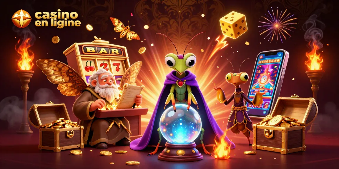Célébrez le monde des casinos en ligne avec une illustration mystique de personnages de jeux et des éléments de jackpot éclatants.